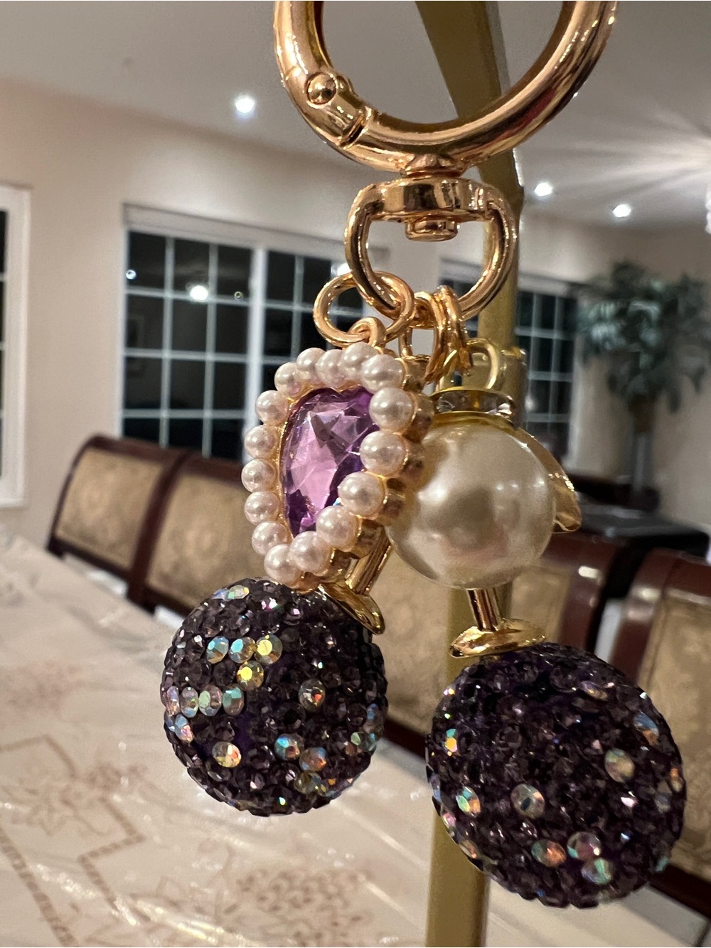 Deep Purple Crystal Cherry Bag Charm Keychain | Rhinestone Purse Charm - Picture 2 of 3